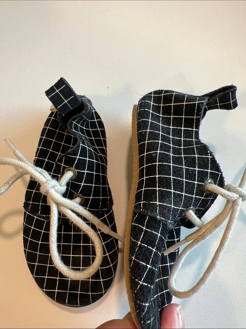 Piper and Finn - 5, black and white, window pane checkered, tie shoe booties